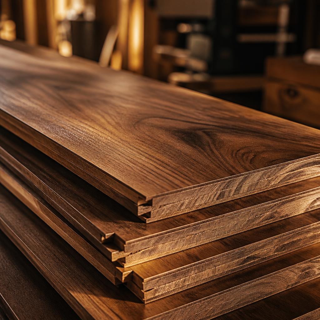 Stack of premium wide-plank walnut hardwood flooring in a warm workshop