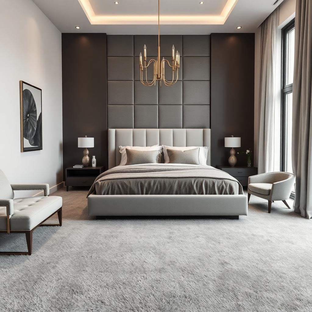 Plush gray carpet in an elegant master bedroom