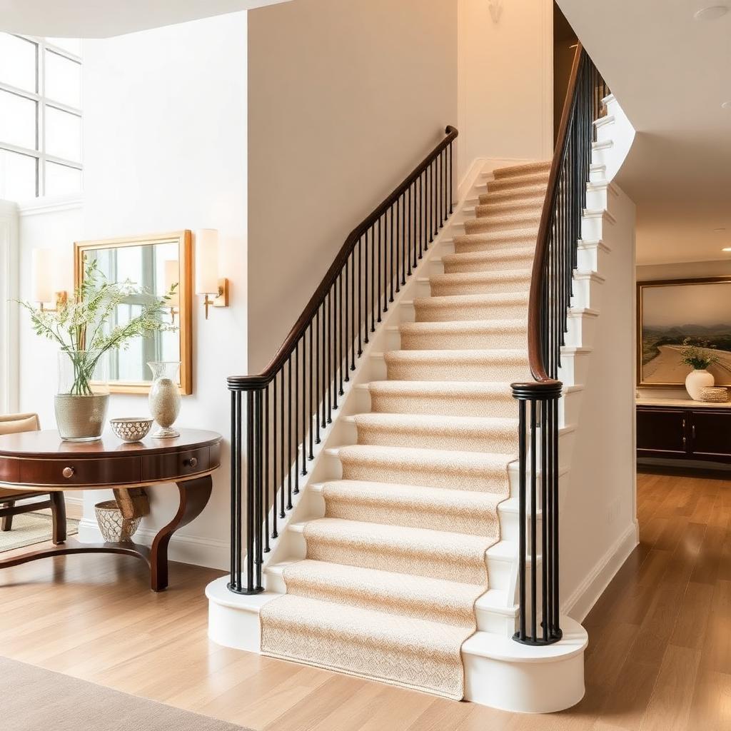 Cream carpet runner on a curved staircase