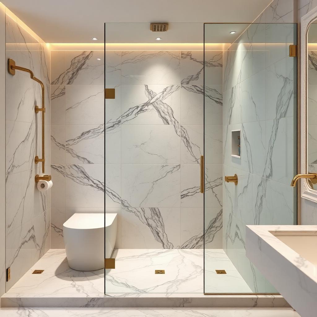Marble-look porcelain tile in a luxury bathroom