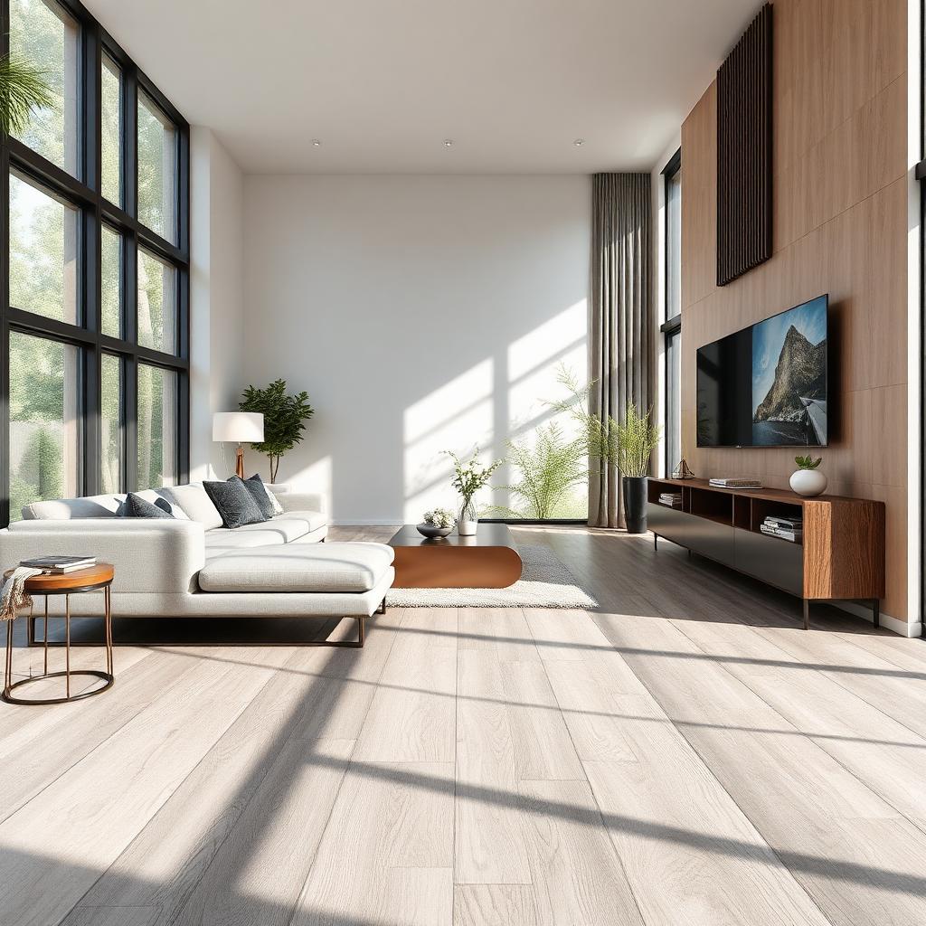 Wide-plank light oak luxury vinyl plank in a modern living room