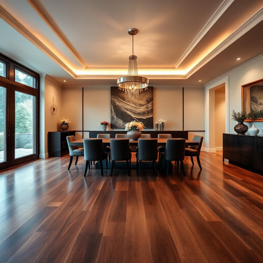 Dark walnut hardwood in a luxury dining room