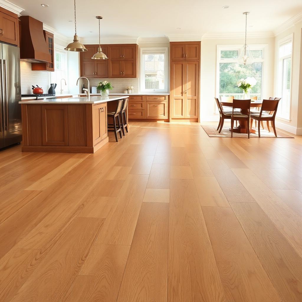 Wide-plank oak hardwood in a sunlit kitchen